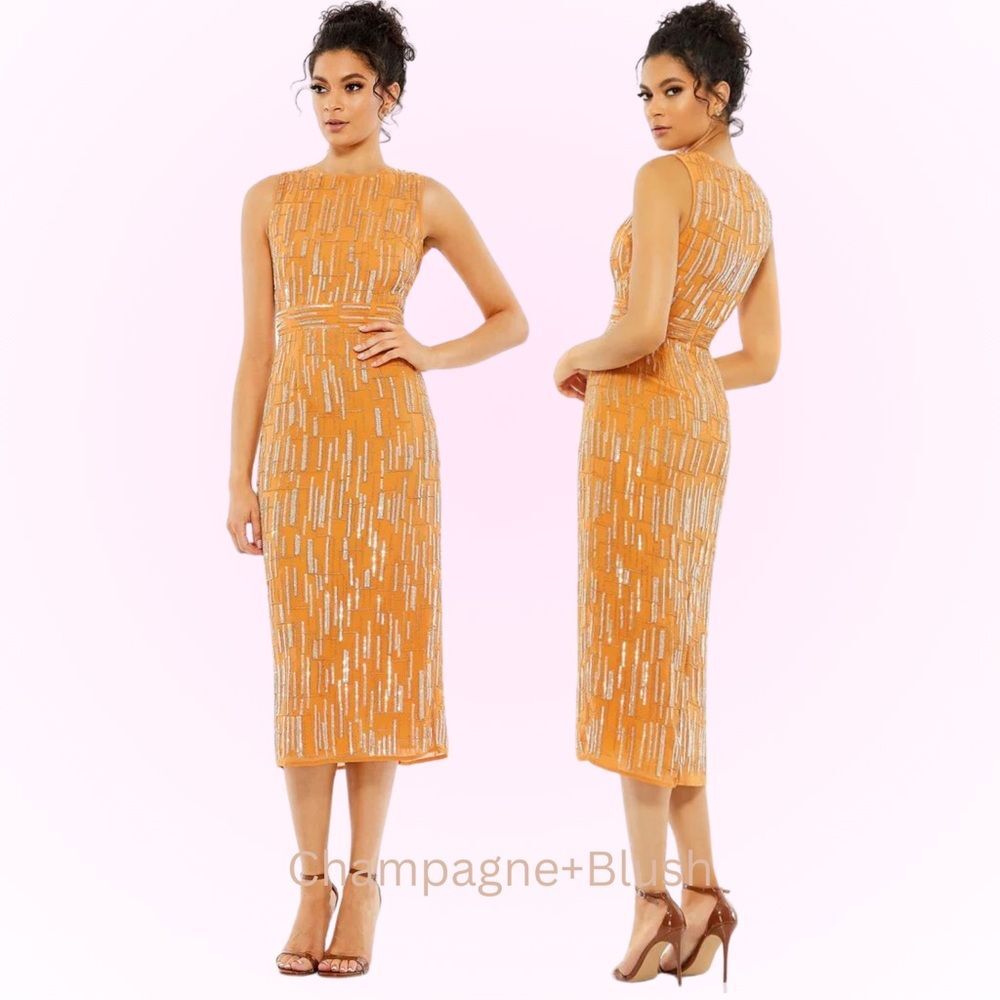 Mac Duggal | 70264 Abstract Beaded Sleeveless Midi Sheath Dress Size 2 NEW
